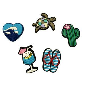 Beach Themed Croc Charms Set Of 5 Jibbitz With Cactus Turtle Wave Flip-Flops